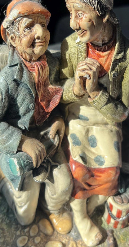 Vintage Naturecraft Figurine, Elderly Couple on Bench (Stoneware, 7")