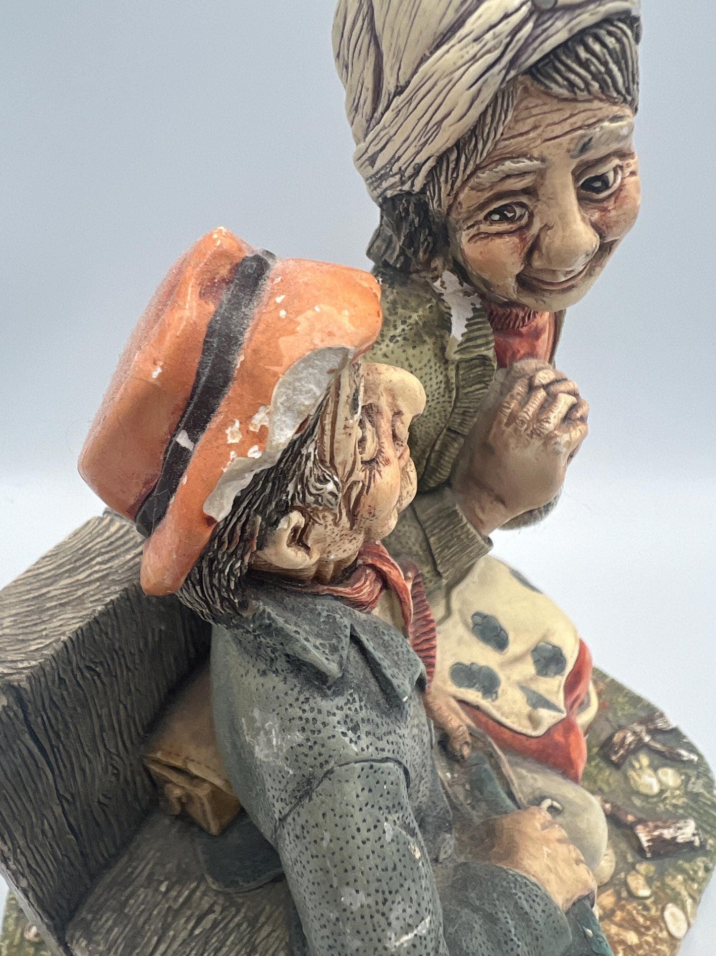 Vintage Naturecraft Figurine, Elderly Couple on Bench (Stoneware, 7")