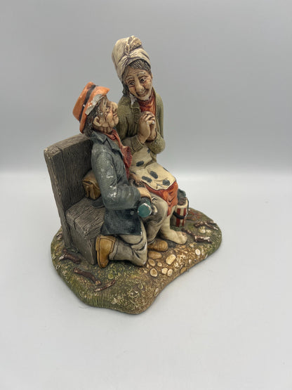 Vintage Naturecraft Figurine, Elderly Couple on Bench (Stoneware, 7")