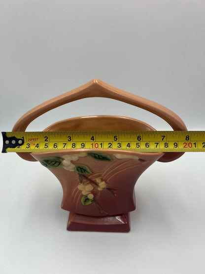 Roseville Snowberry Basket, Cranberry Tan with White Berries (Vintage 1940s)
