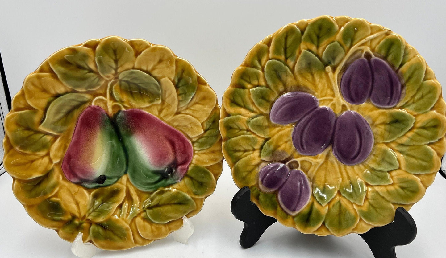French Majolica Fruit Plates, Pear and Plums (7.5 Inch, Hand-Painted)