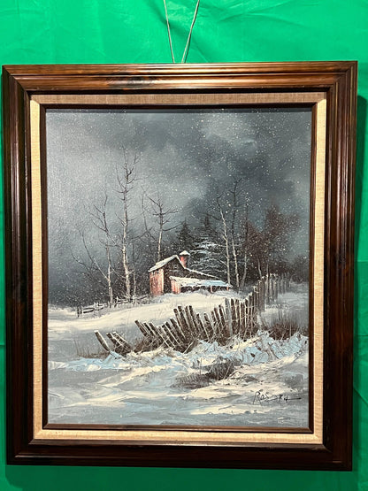 Vintage Barn Landscape Painting - Snowy Winter Farm Scene