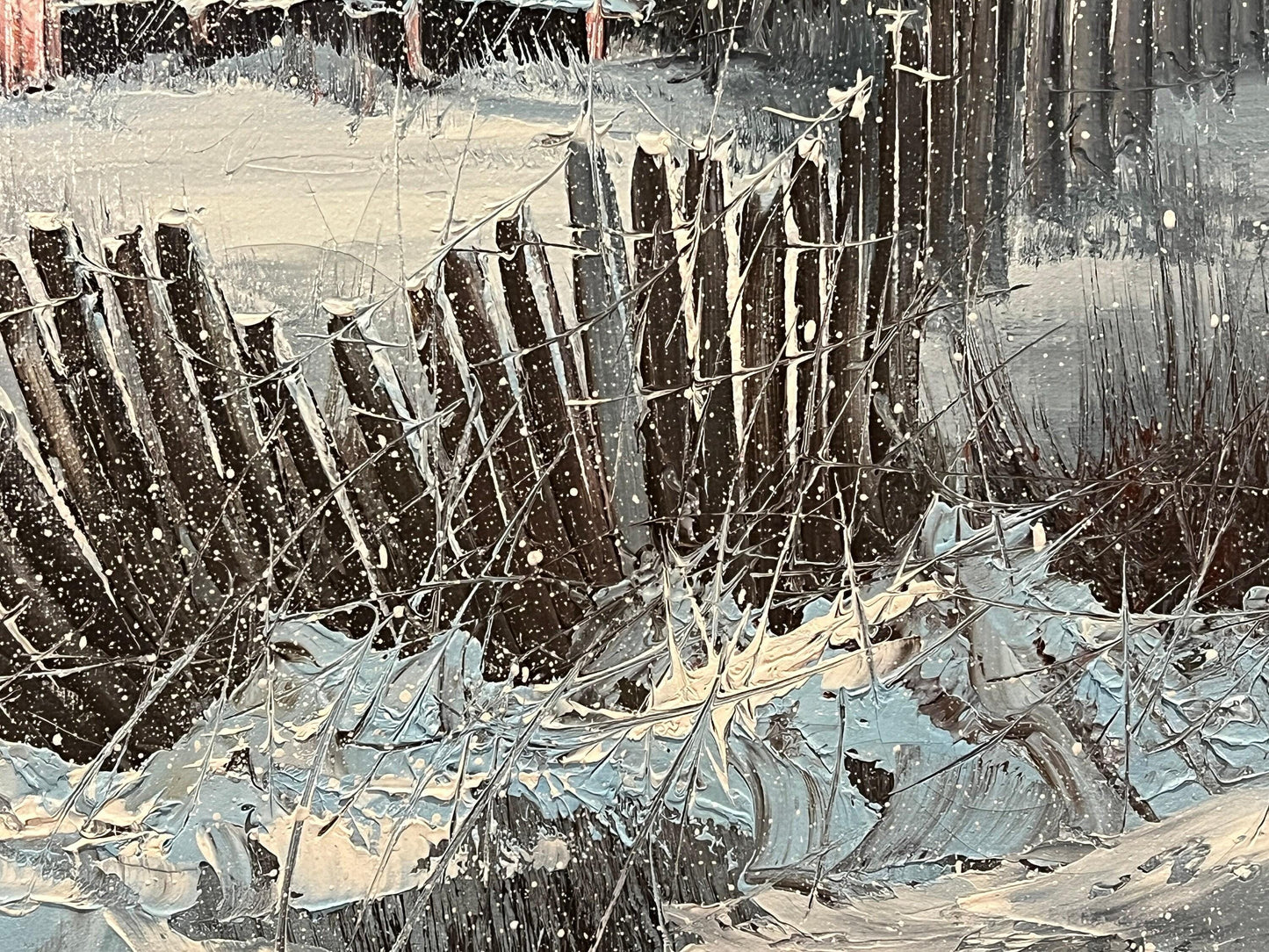 Vintage Barn Landscape Painting - Snowy Winter Farm Scene