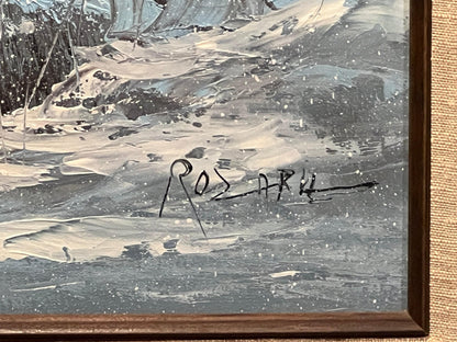 Vintage Barn Landscape Painting - Snowy Winter Farm Scene