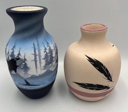 Navajo Clay Vase, Pink Base with Feather Design (Signed, Vintage)