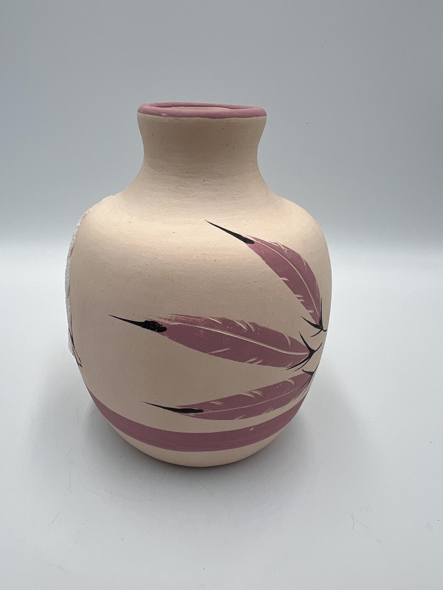 Navajo Clay Vase, Pink Base with Feather Design (Signed, Vintage)