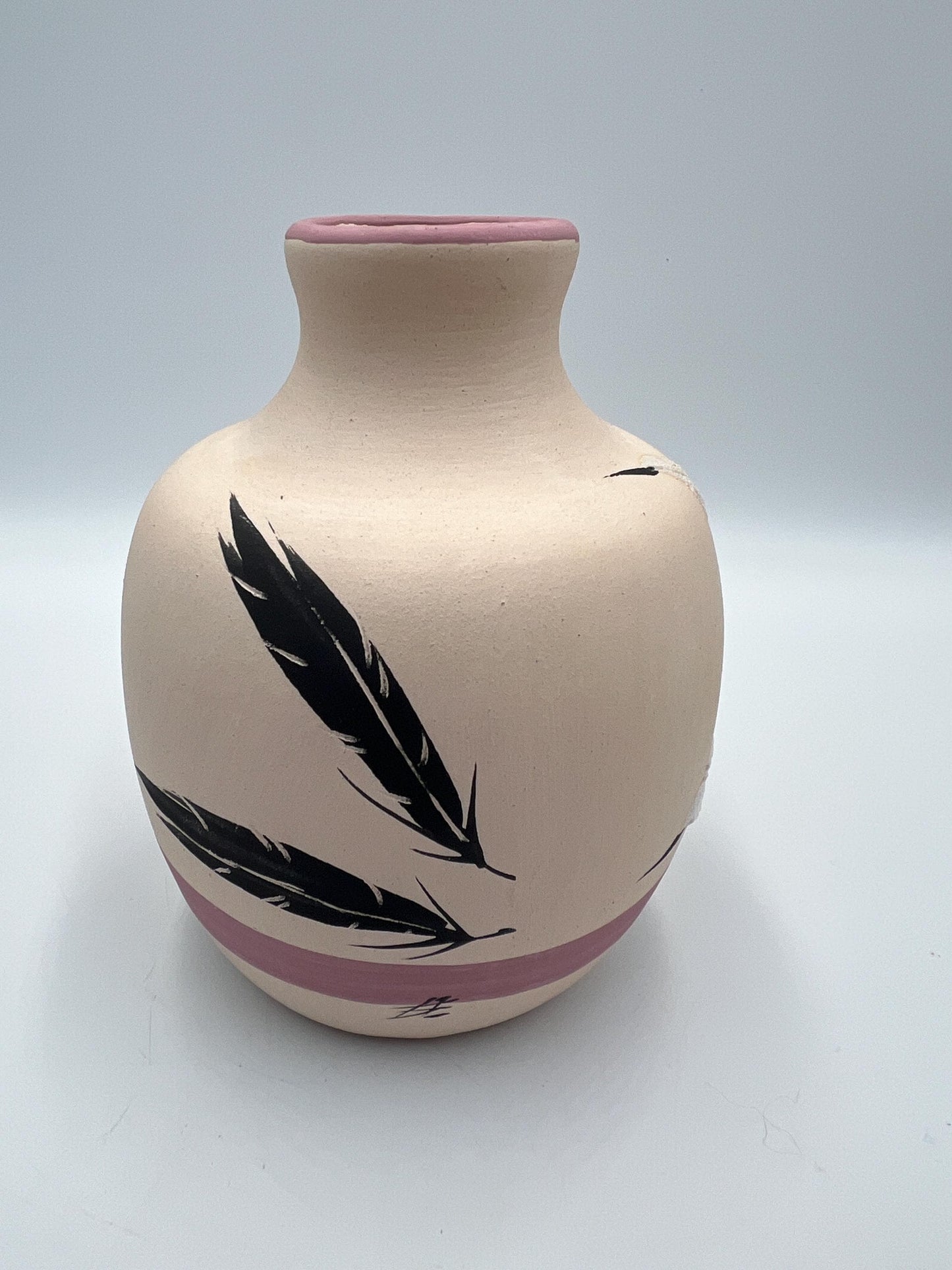 Navajo Clay Vase, Pink Base with Feather Design (Signed, Vintage)