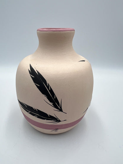 Navajo Clay Vase, Pink Base with Feather Design (Signed, Vintage)