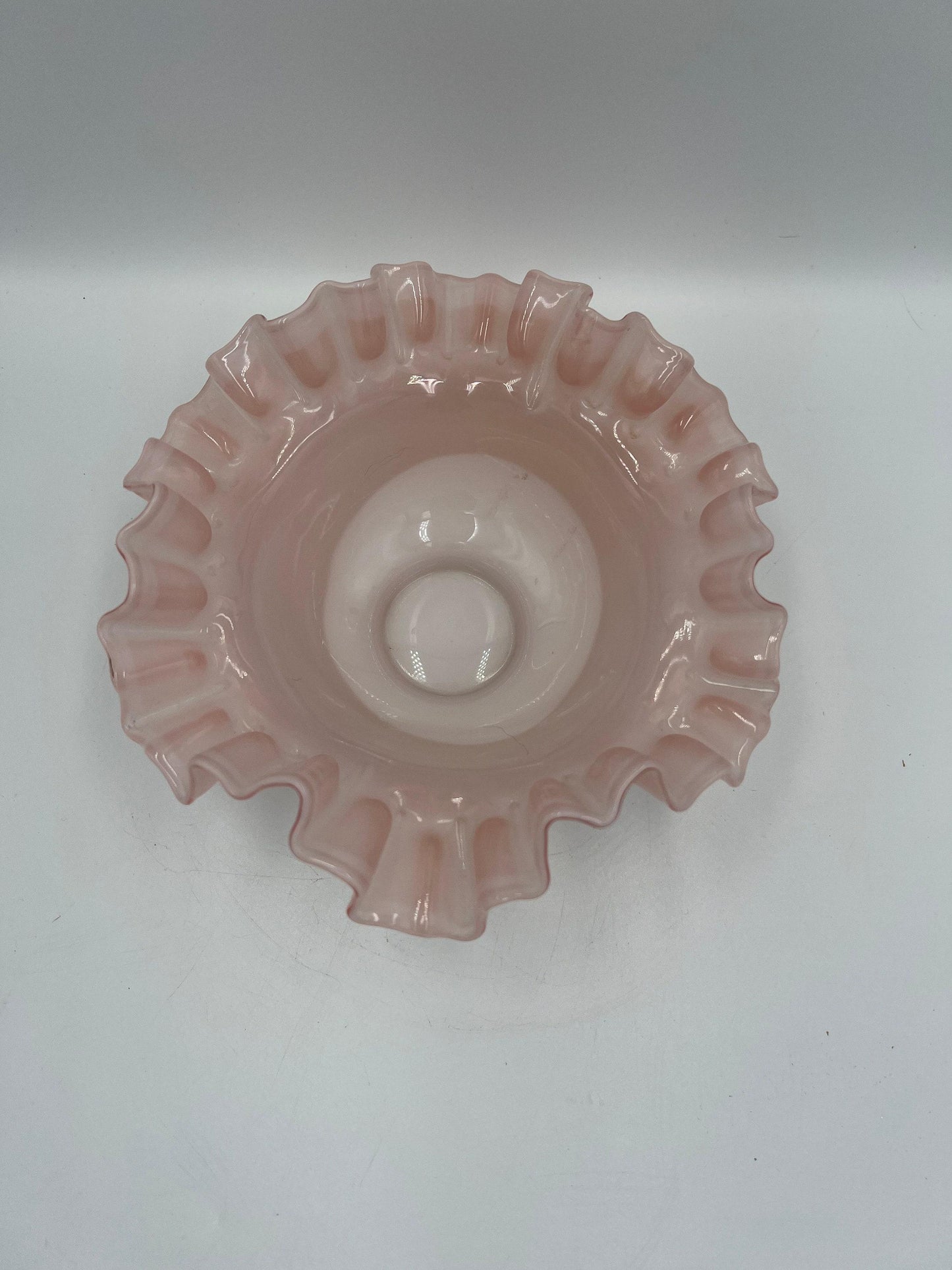 Fenton Glass Bowl: Pink Rose Overlay - Ruffled Edge, 1940s Vintage