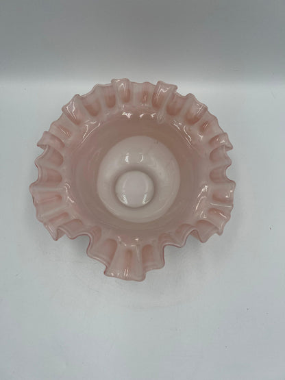 Fenton Glass Bowl: Pink Rose Overlay - Ruffled Edge, 1940s Vintage