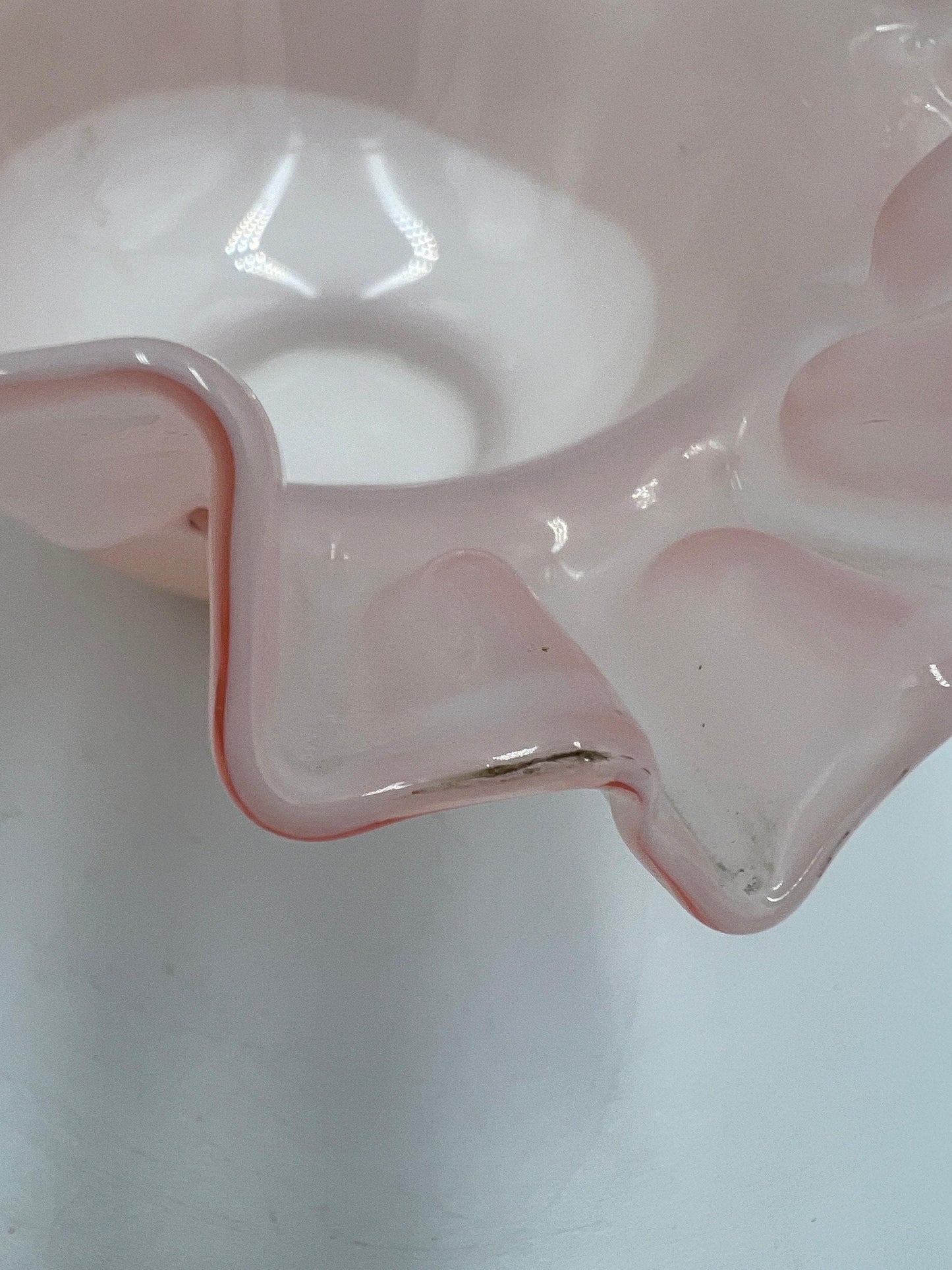Fenton Glass Bowl: Pink Rose Overlay - Ruffled Edge, 1940s Vintage