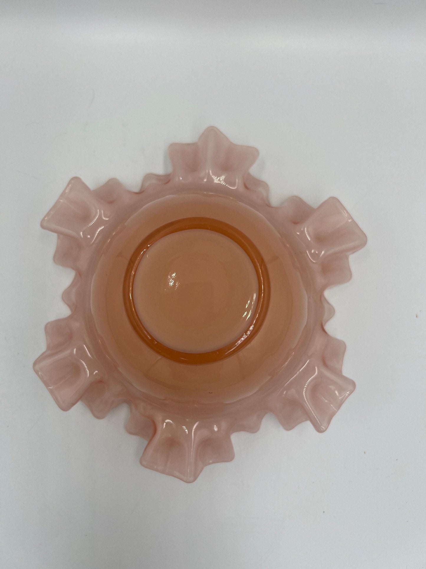 Fenton Glass Bowl: Pink Rose Overlay - Ruffled Edge, 1940s Vintage