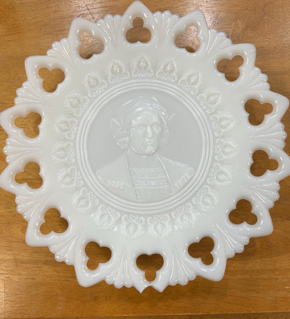 Vintage Columbian Exposition Souvenir Milk Glass Plate, Bust of Columbus, 1893