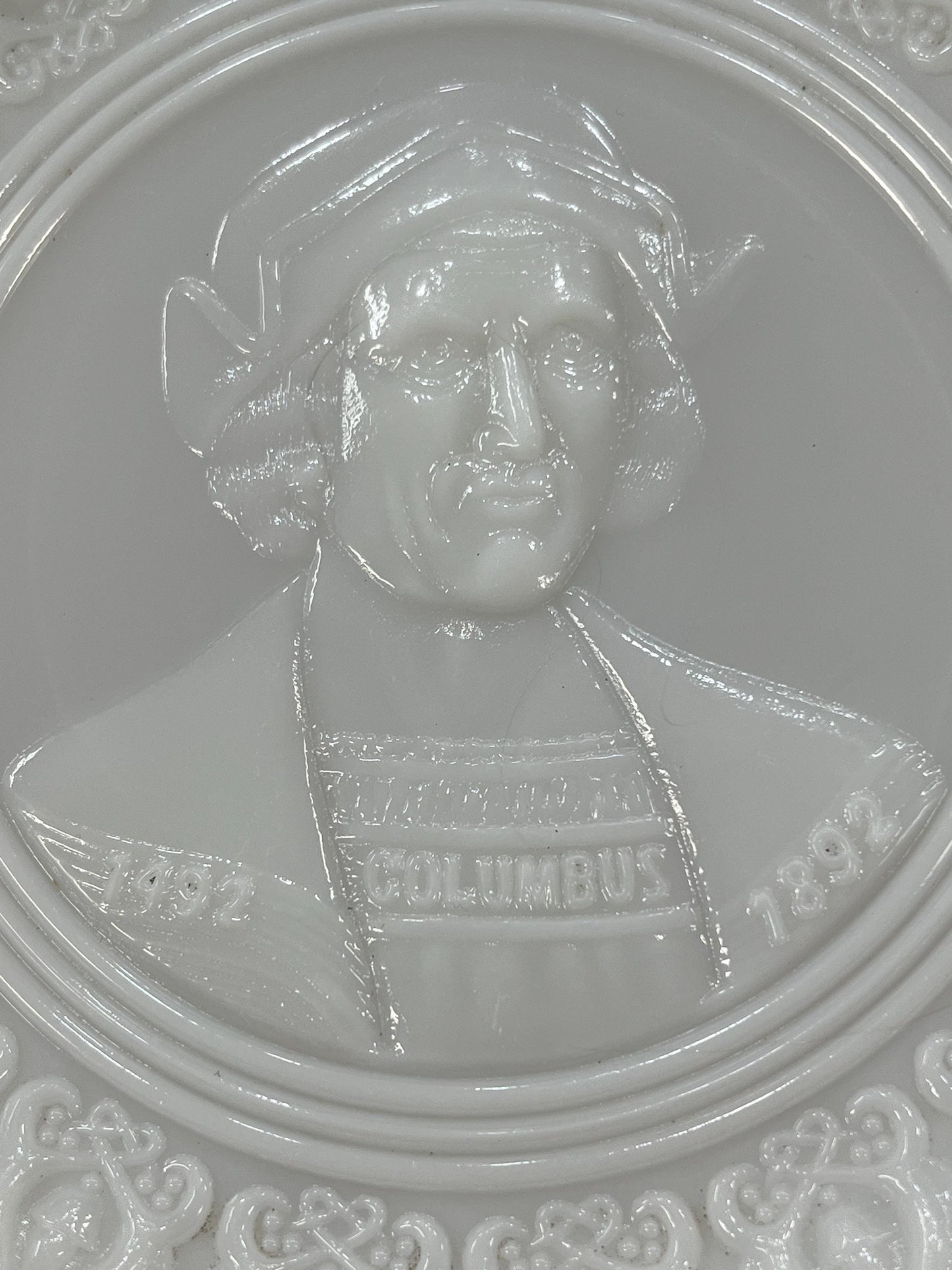Vintage Columbian Exposition Souvenir Milk Glass Plate, Bust of Columbus, 1893