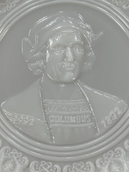 Vintage Columbian Exposition Souvenir Milk Glass Plate, Bust of Columbus, 1893