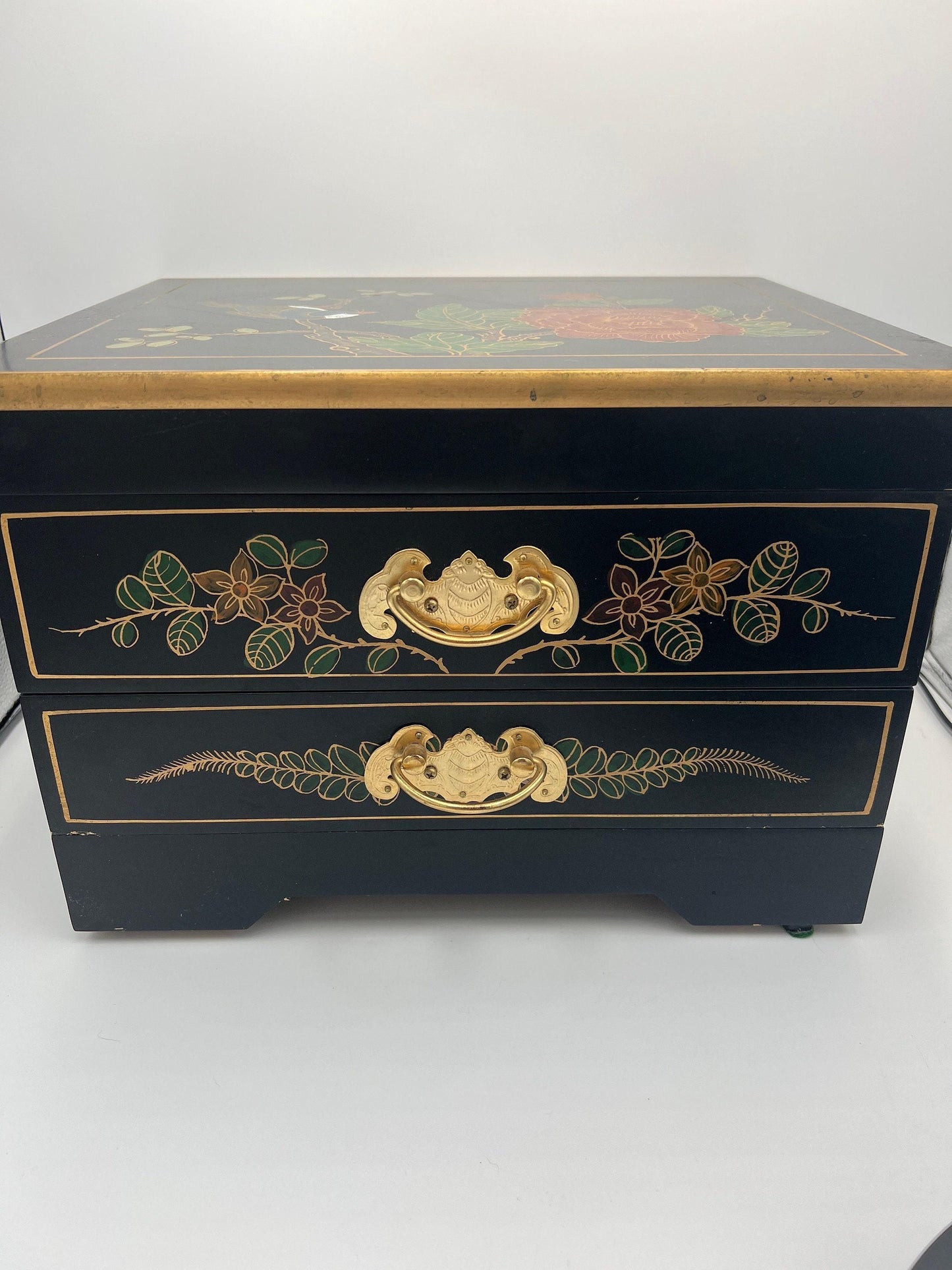 Asian Jewelry Box - Black Lacquer with Ornate Bird and Red Lining