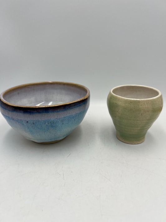 Ceramic Stone Pottery Lot of Bowl and Cup - Beautiful Pastels - Signed
