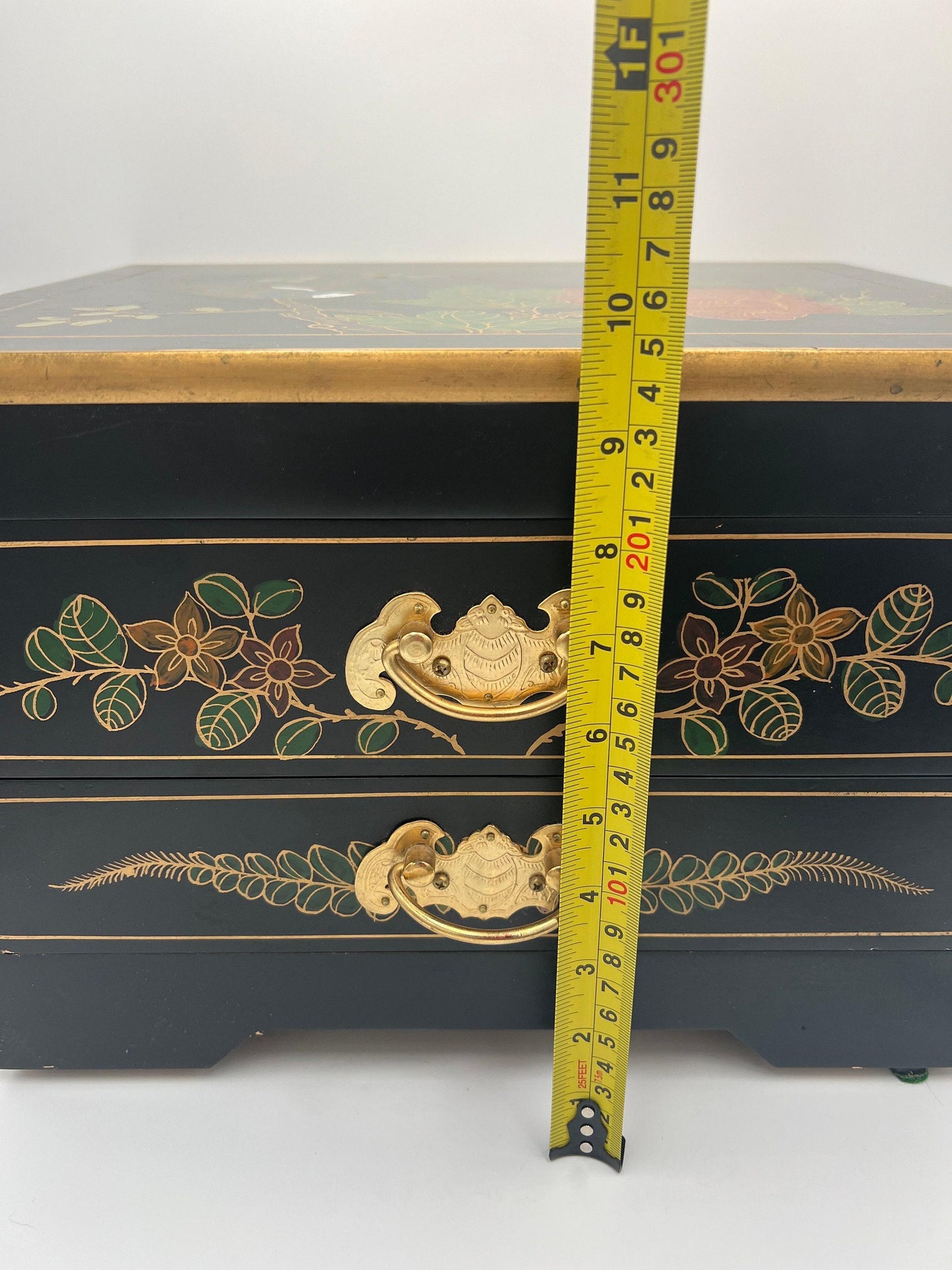 Asian Jewelry Box - Black Lacquer with Ornate Bird and Red Lining
