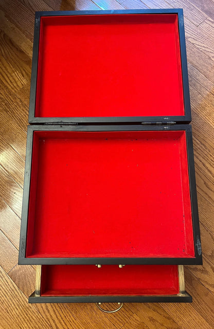 Asian Jewelry Box - Black Lacquer with Ornate Bird and Red Lining
