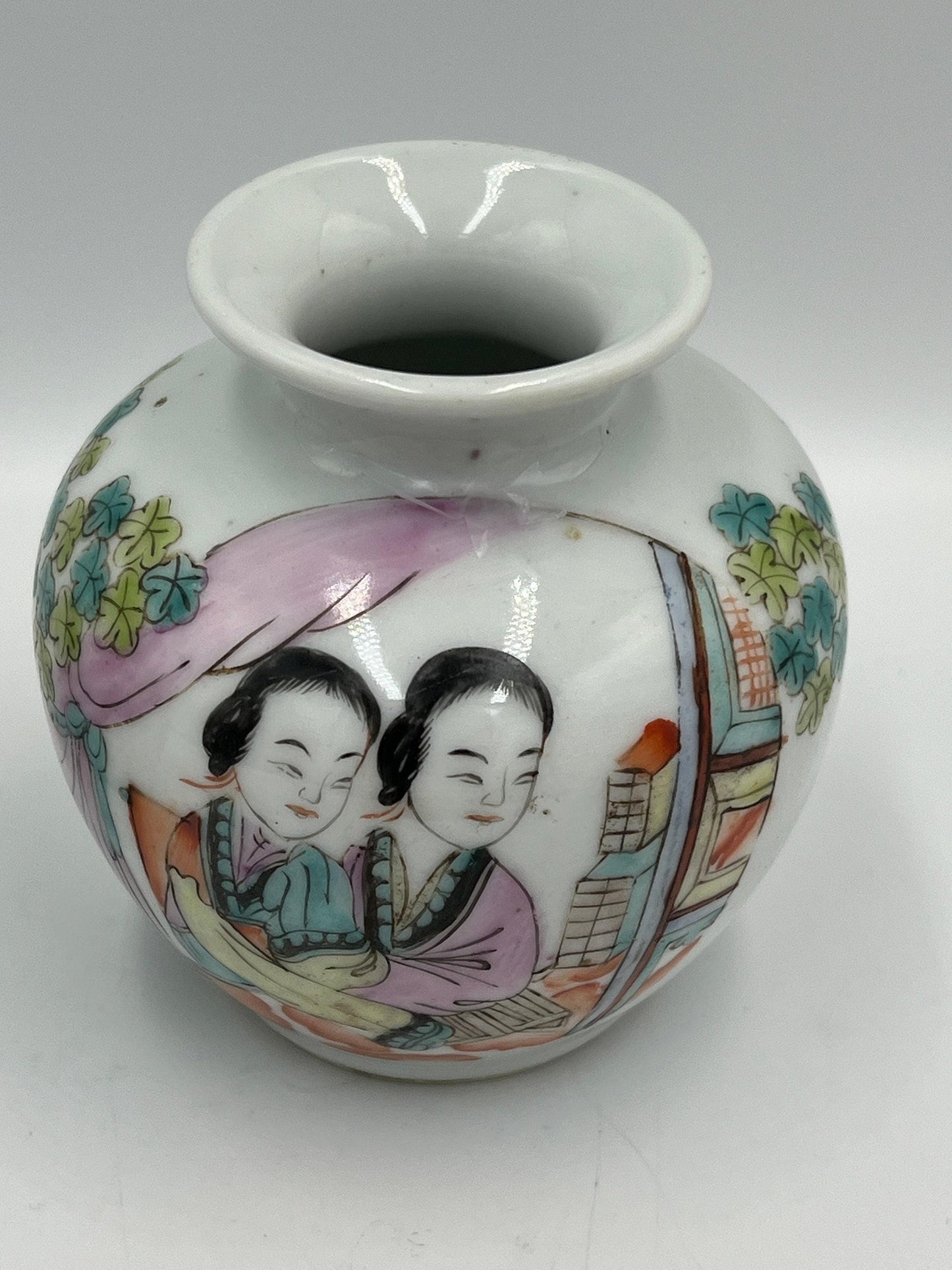 Porcelain Figural Vase Pair: Small Chinese Qing Style (3.25in Each)