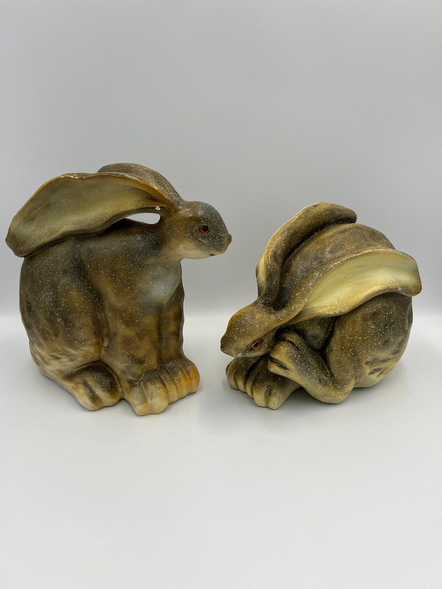 Retro Bunny Statues: Hand-Painted Green Wax Pair (7-8 Inches)