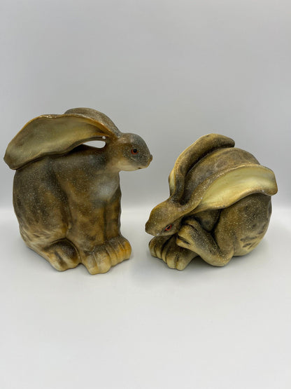 Retro Bunny Statues: Hand-Painted Green Wax Pair (7-8 Inches)