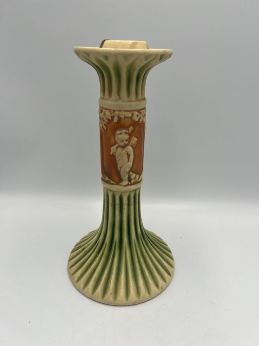 Vintage Roseville Donatello Candlestick - Cherub Motif, Fluted Ceramic Base