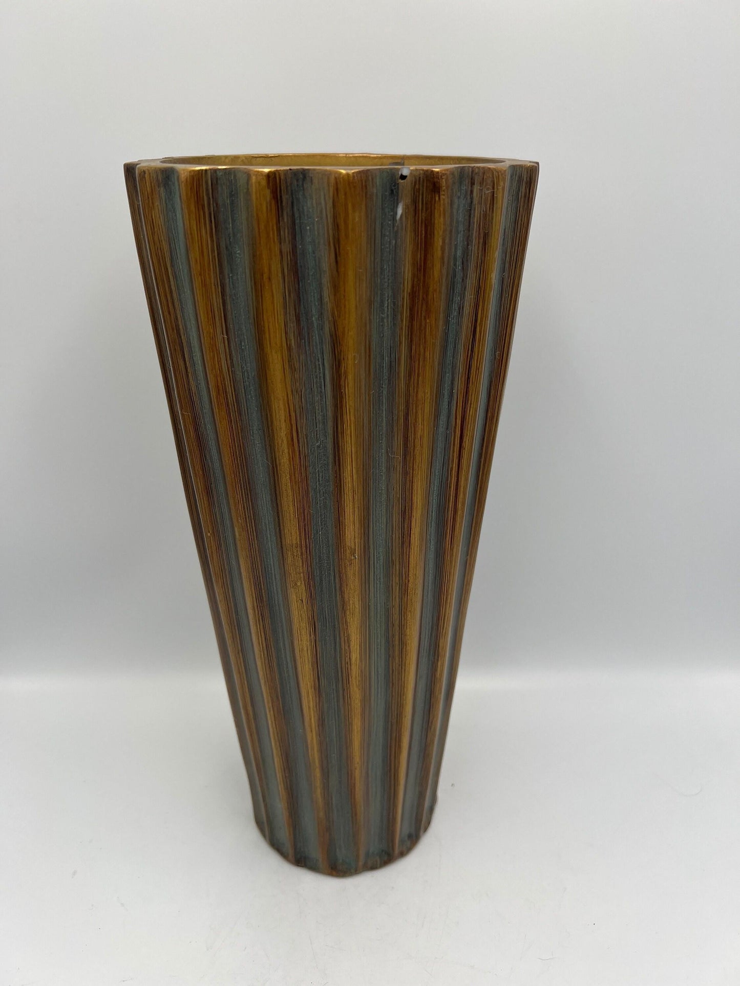 Vintage Blue-Gray Flute Vase, Bronze Accent (11" Tall Ceramic)