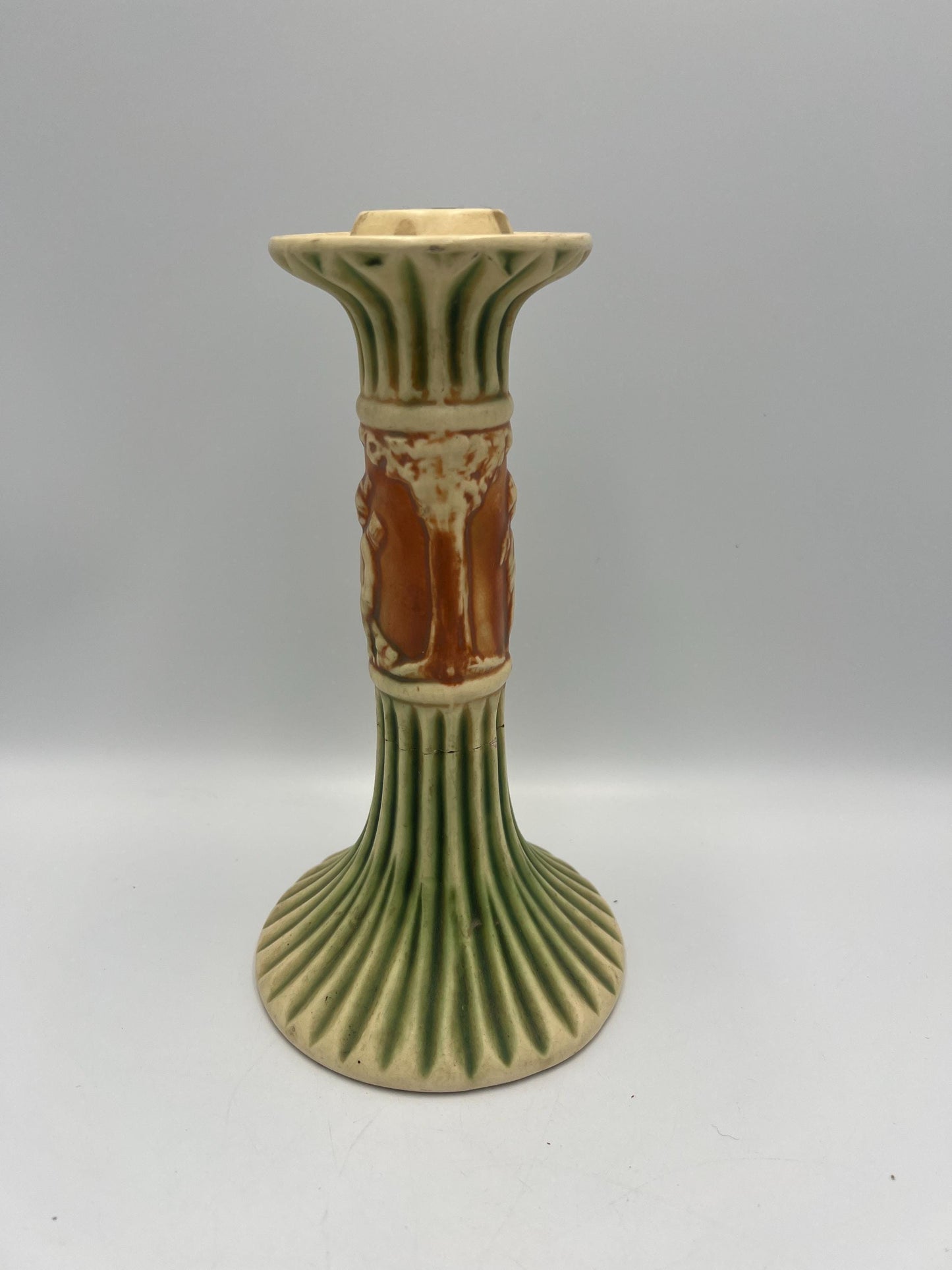 Vintage Roseville Donatello Candlestick - Cherub Motif, Fluted Ceramic Base