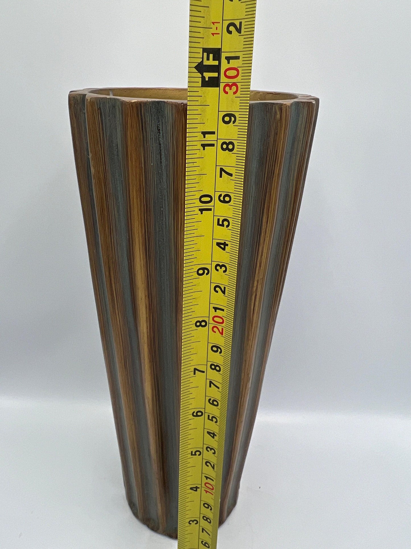 Vintage Blue-Gray Flute Vase, Bronze Accent (11" Tall Ceramic)