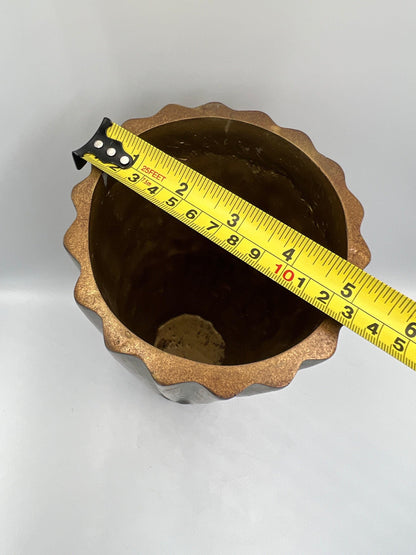 Vintage Blue-Gray Flute Vase, Bronze Accent (11" Tall Ceramic)