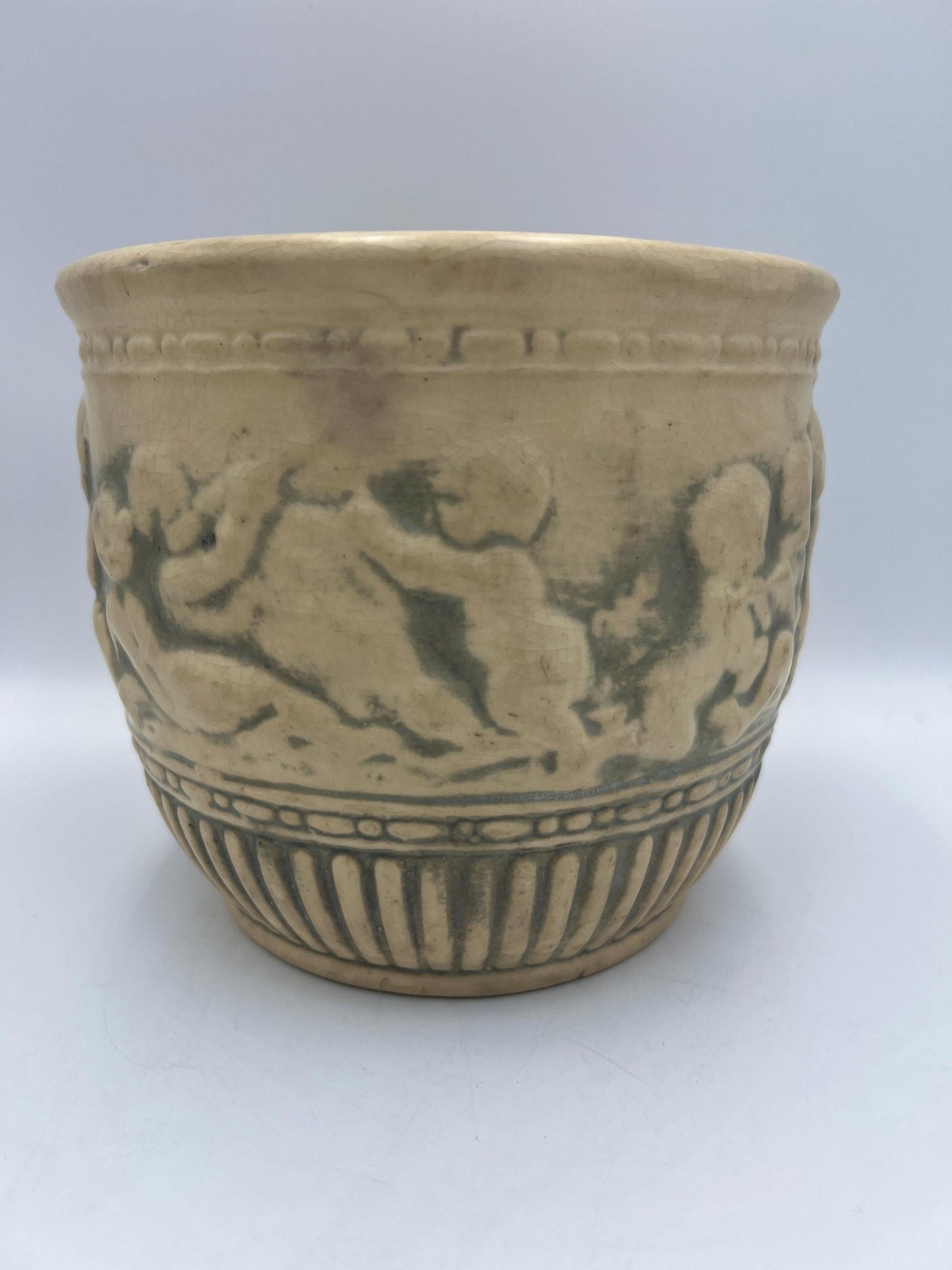 Weller Pottery Jardiniere: Ivory Cherub Planter (Antique Early 1900s)