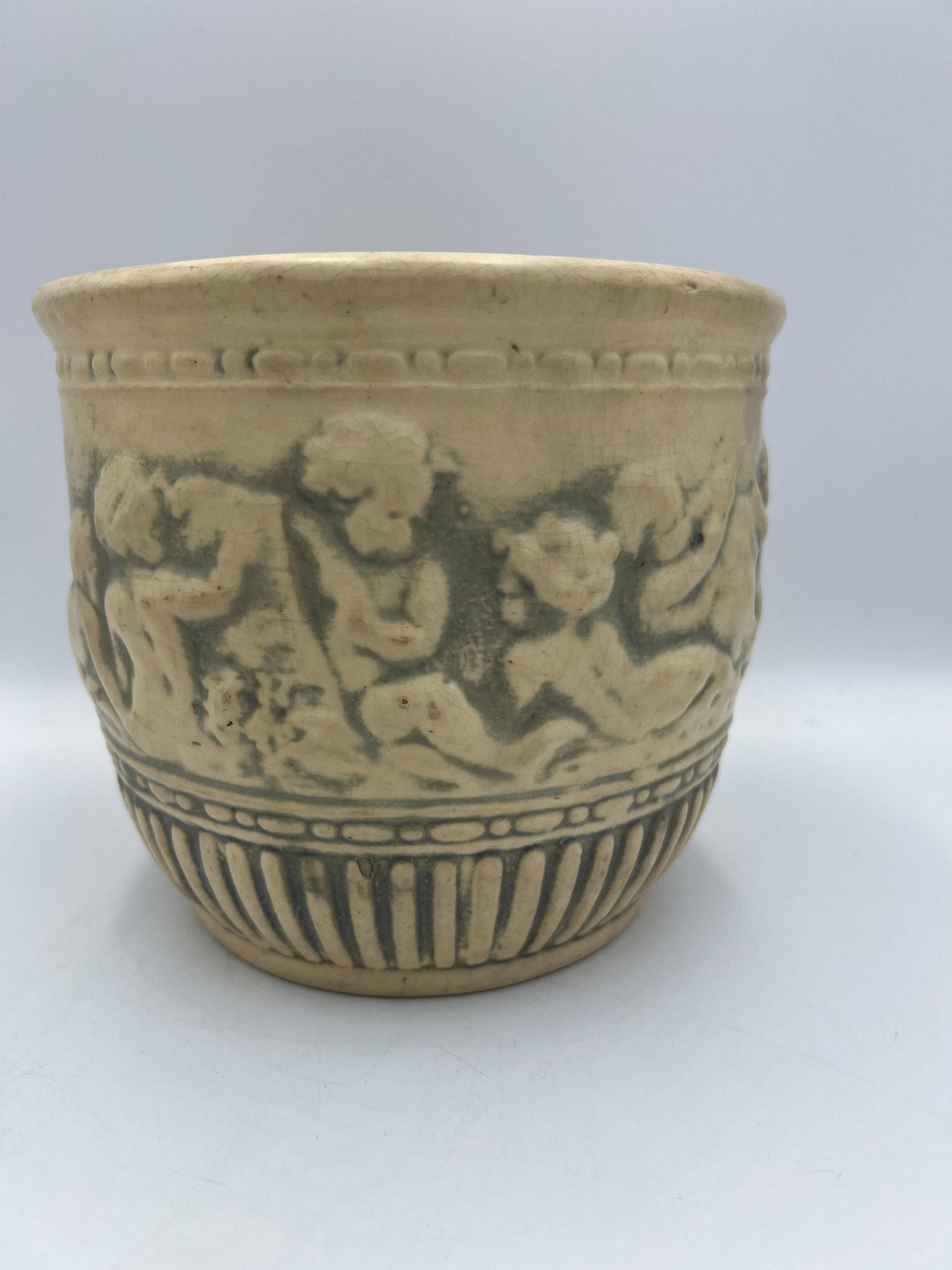 Weller Pottery Jardiniere: Ivory Cherub Planter (Antique Early 1900s)
