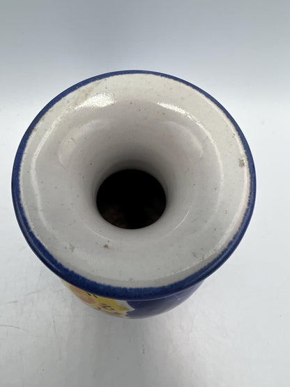 Vintage celestial vase crescent moon// Retro ceramic art vase flowerpot yellow dreamy Luna and dark blue starry sky - Signed