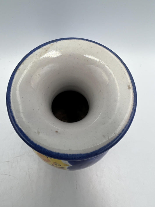 Vintage celestial vase crescent moon// Retro ceramic art vase flowerpot yellow dreamy Luna and dark blue starry sky - Signed