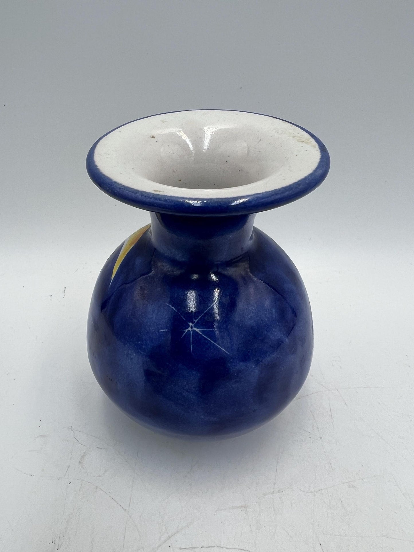 Vintage celestial vase crescent moon// Retro ceramic art vase flowerpot yellow dreamy Luna and dark blue starry sky - Signed
