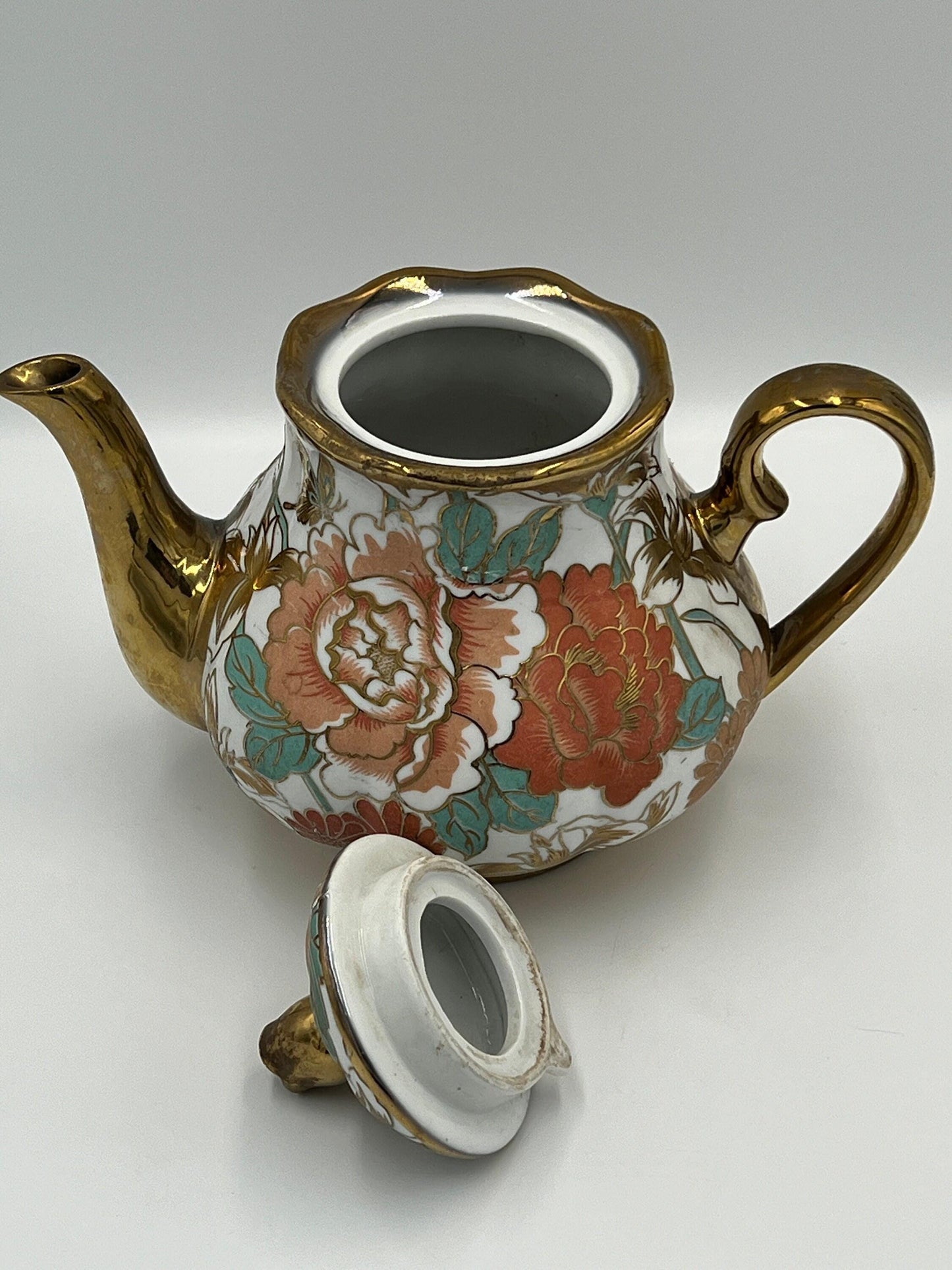 Chinese Porcelain Teapot, Gold Floral Motif (Vintage, 7in)