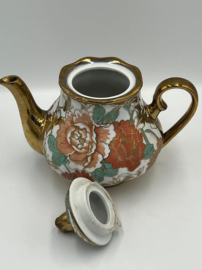 Chinese Porcelain Teapot, Gold Floral Motif (Vintage, 7in)