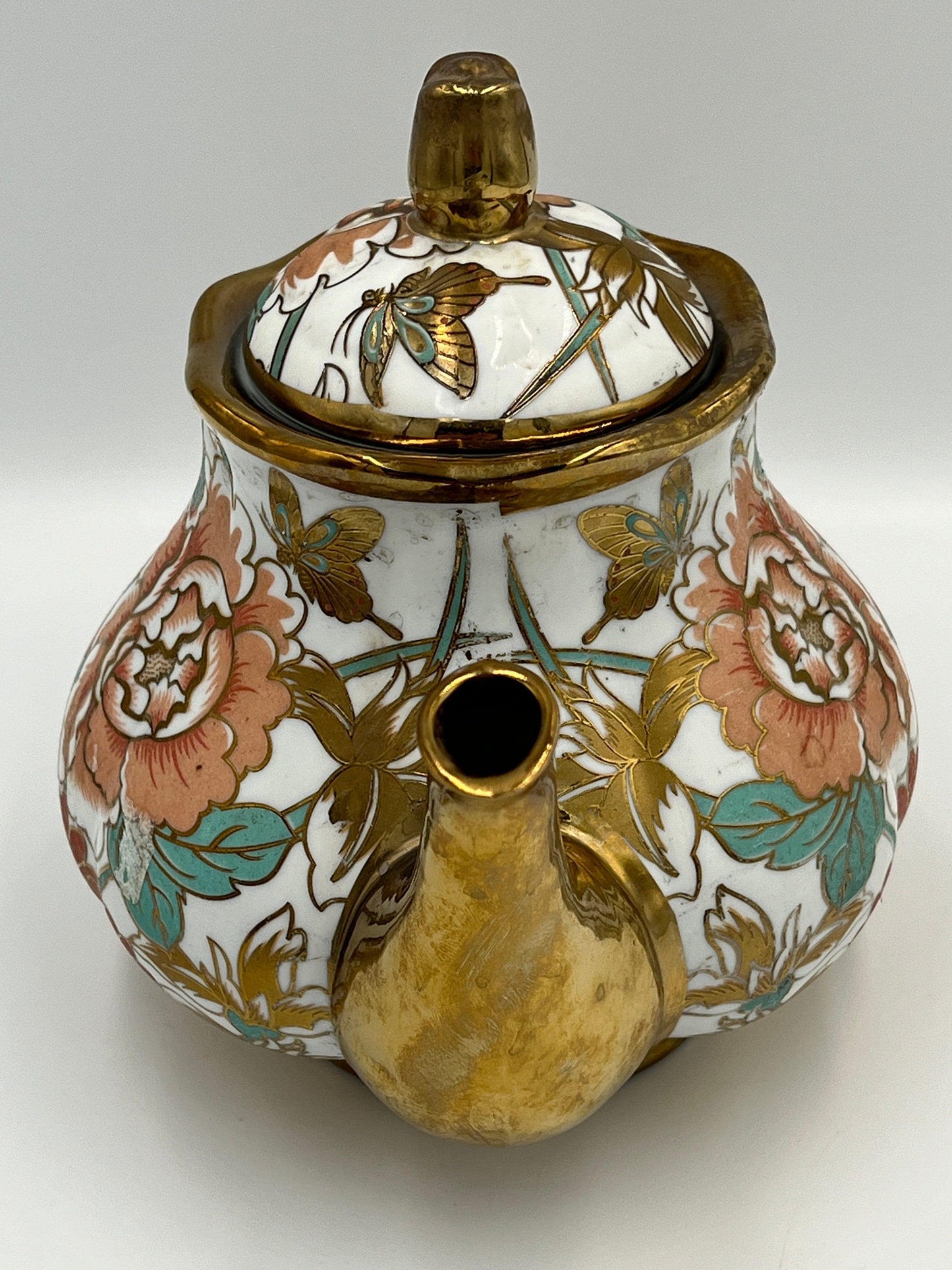 Chinese Porcelain Teapot, Gold Floral Motif (Vintage, 7in)