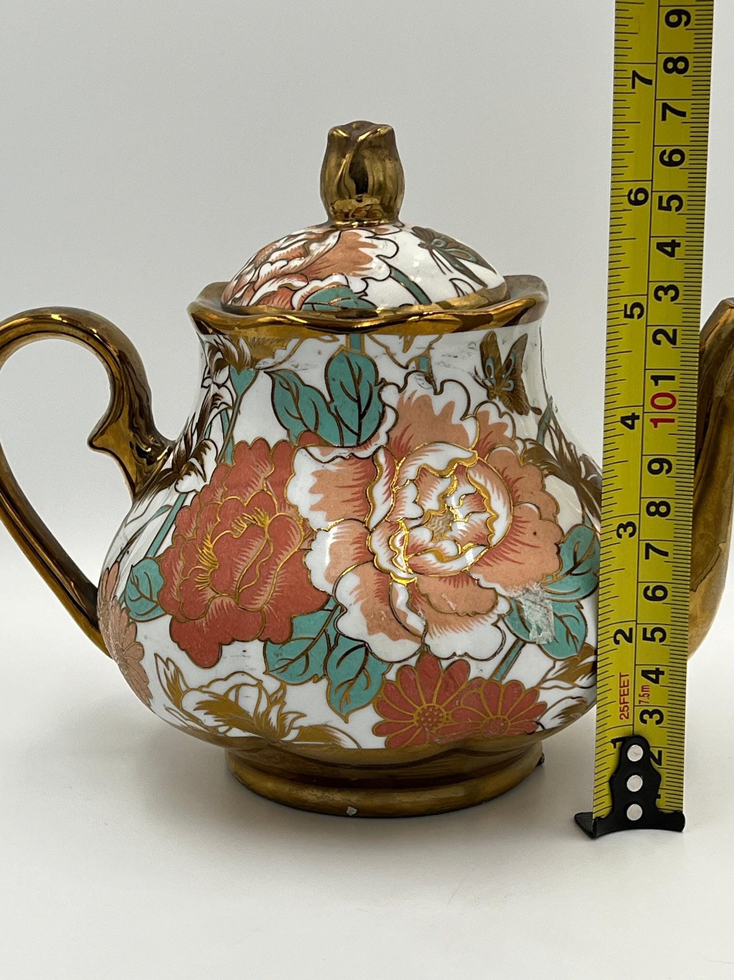 Chinese Porcelain Teapot, Gold Floral Motif (Vintage, 7in)