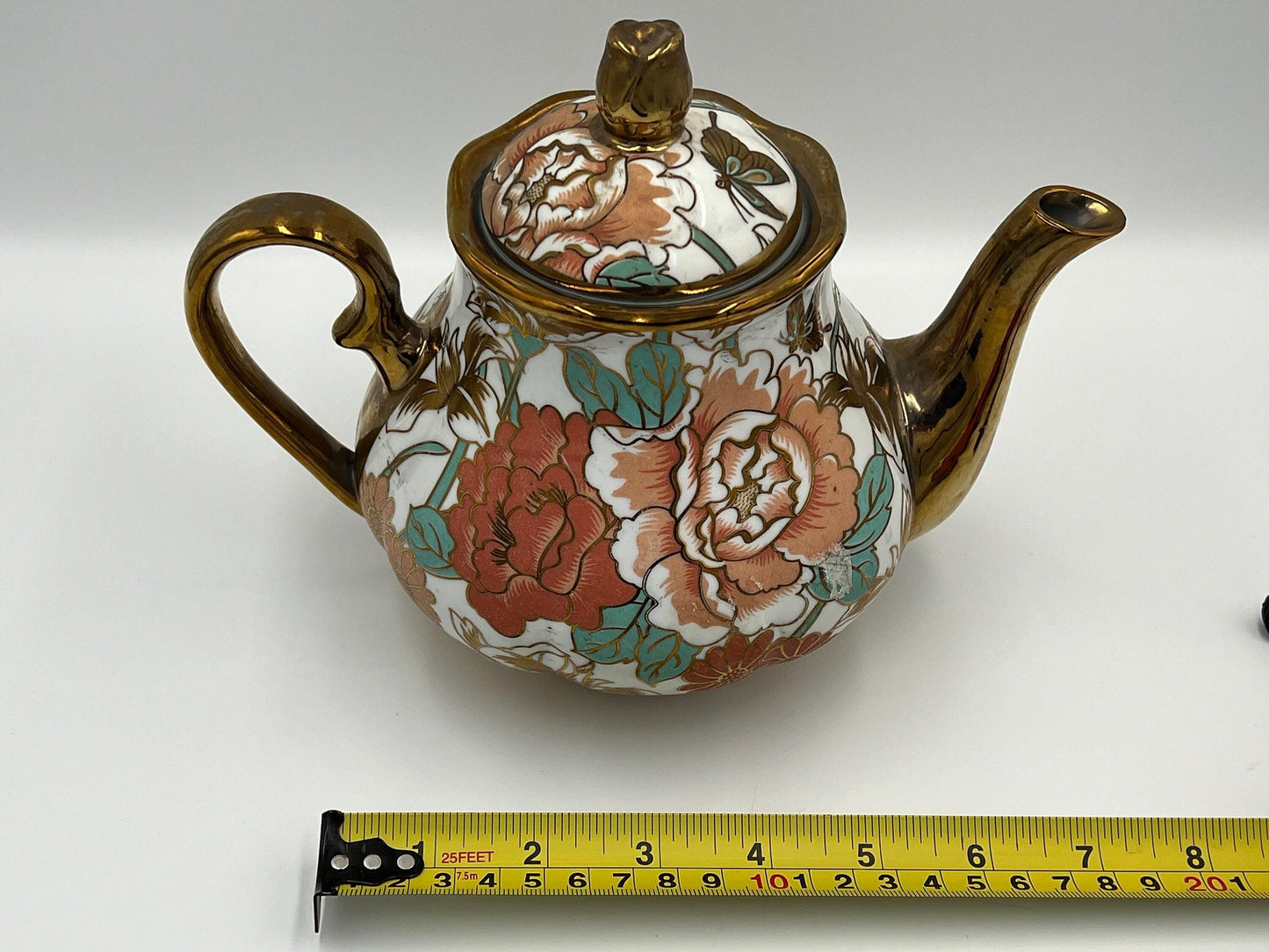 Chinese Porcelain Teapot, Gold Floral Motif (Vintage, 7in)
