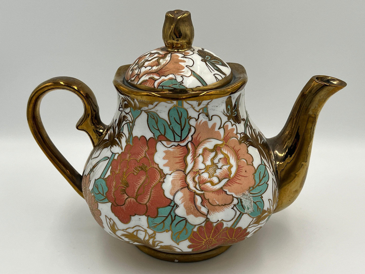 Chinese Porcelain Teapot, Gold Floral Motif (Vintage, 7in)