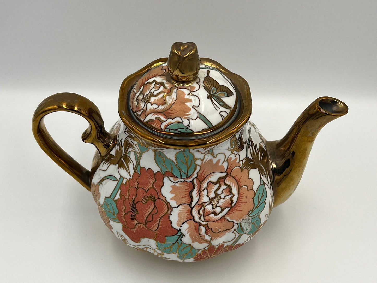 Chinese Porcelain Teapot, Gold Floral Motif (Vintage, 7in)