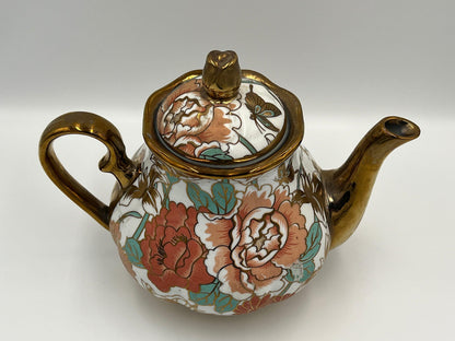 Chinese Porcelain Teapot, Gold Floral Motif (Vintage, 7in)