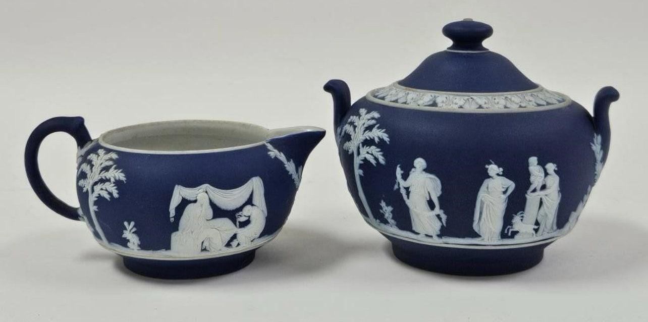 Navy Jasperware Sugar Bowl & Creamer: Antique Wedgwood Tea Set