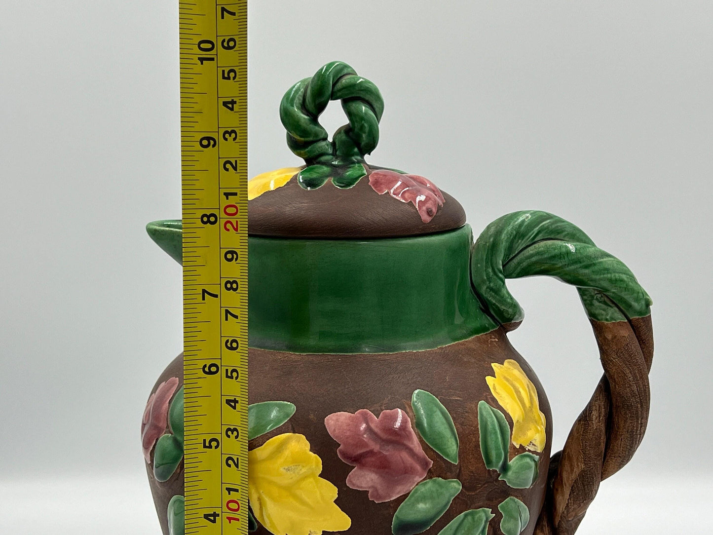 Vintage Floral Pitcher - Brown Ceramic with Glossy Accents