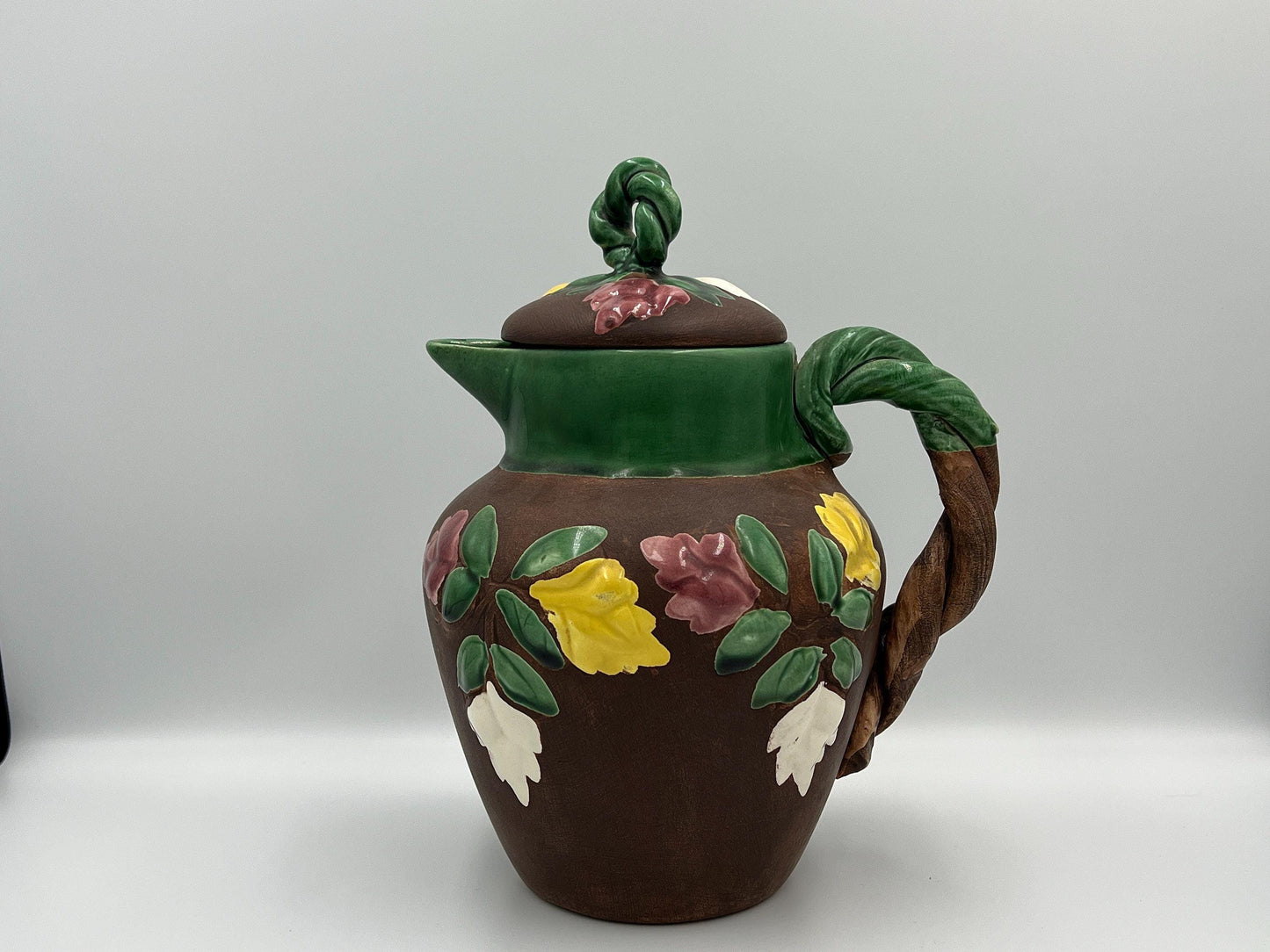 Vintage Floral Pitcher - Brown Ceramic with Glossy Accents