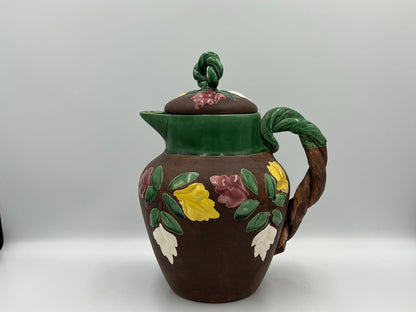 Vintage Floral Pitcher - Brown Ceramic with Glossy Accents