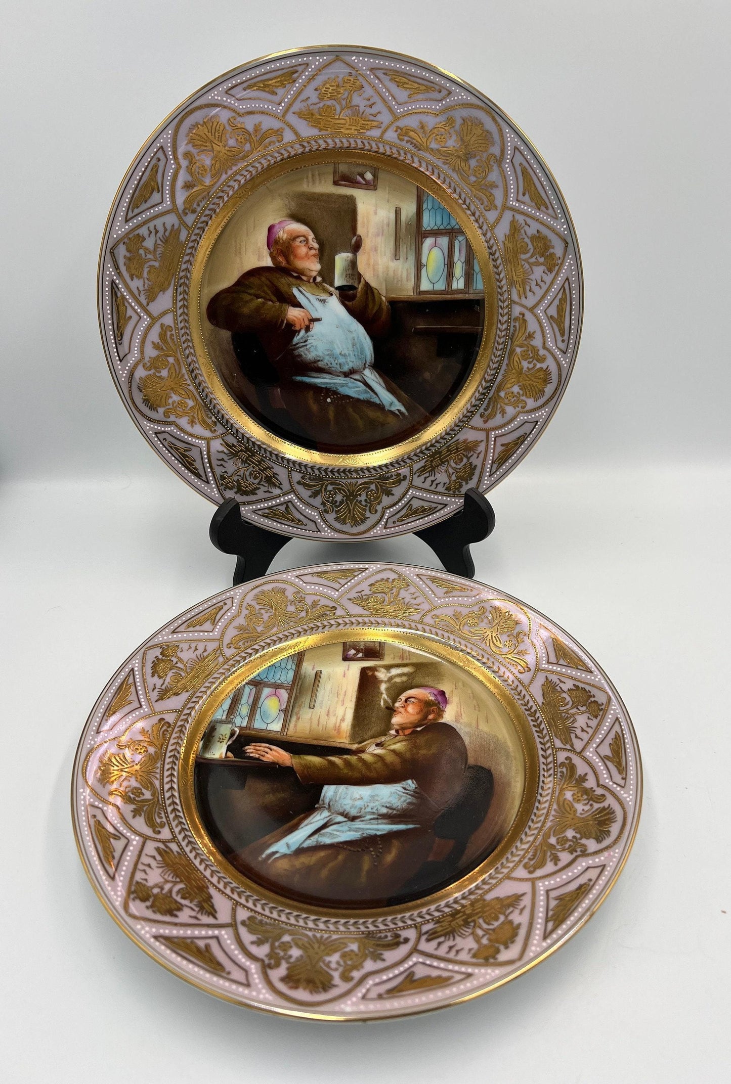 Augustus Rex Meissen Collector Plates, Smoking Monk Lilac Purple (Set of 2)