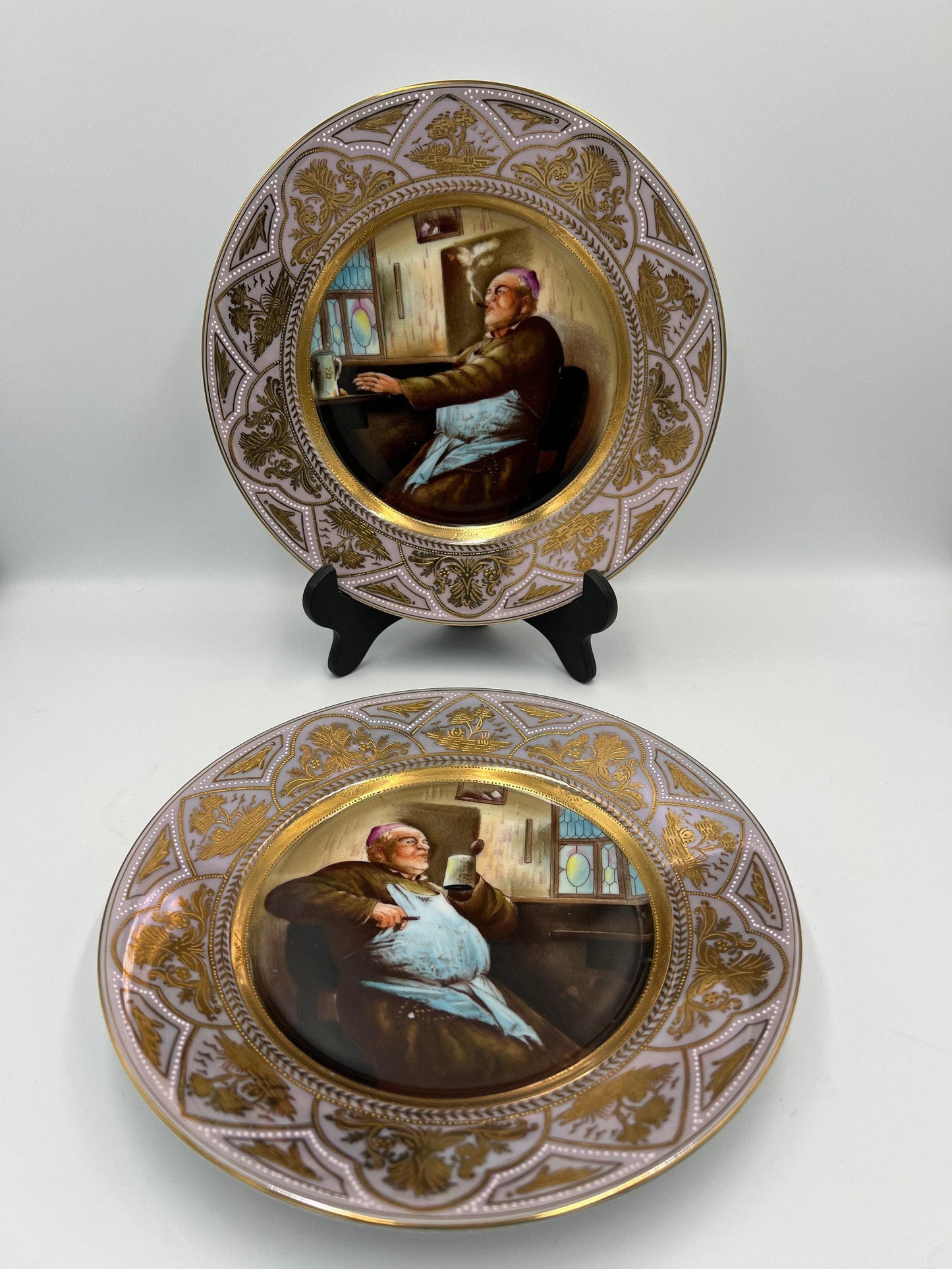 Augustus Rex Meissen Collector Plates, Smoking Monk Lilac Purple (Set of 2)